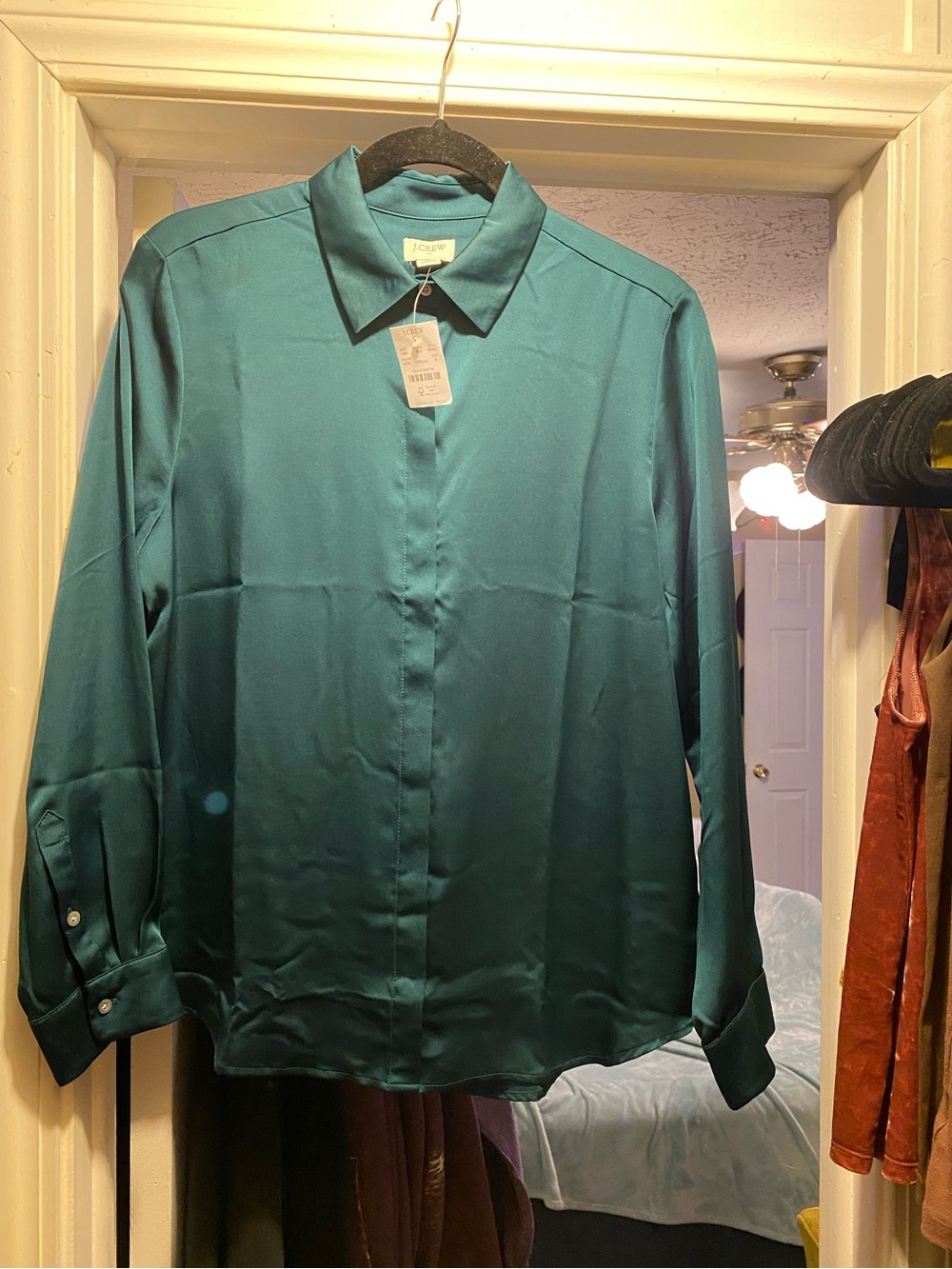 NWT J Crew emerald green silky button up Sz S